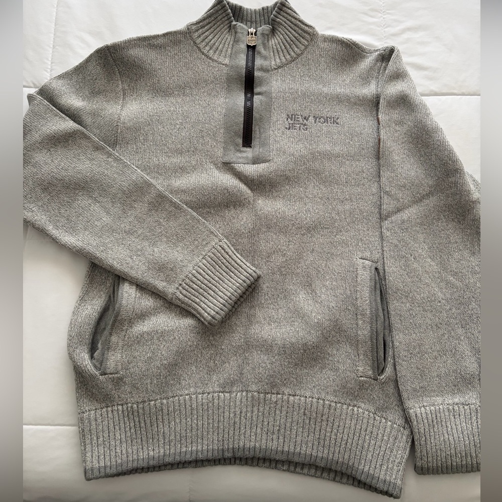 100% cotton NFL Pro-line vintage New York Jets Men's Gray Quarter Zip Sweater